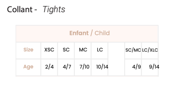 Dansez Vous tights child size chart