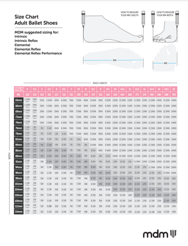 MDM ballet shoe sizing adult