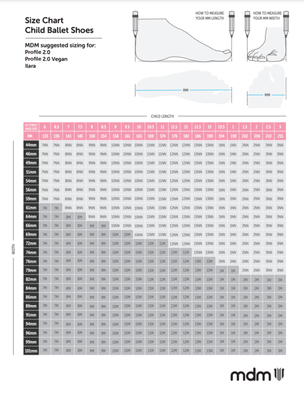 MDM ballet shoe sizing child Ilara