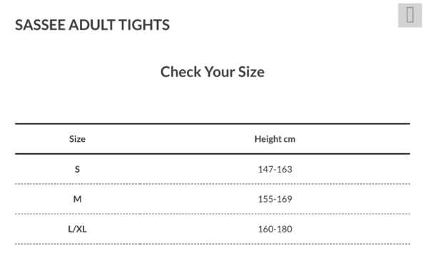 Sassee Designs adult tight size chart