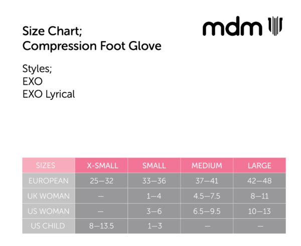 EXO Lyrical foot glove size chart