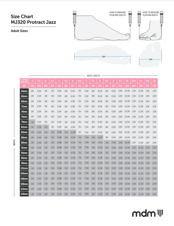 Protract Jazz shoe size chart adult