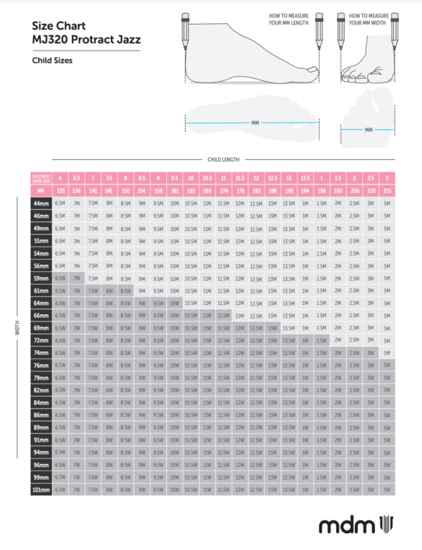 Protract Jazz shoe size child chart