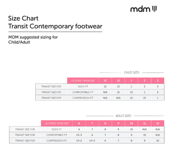 MDM Transit contemporary sock size chart